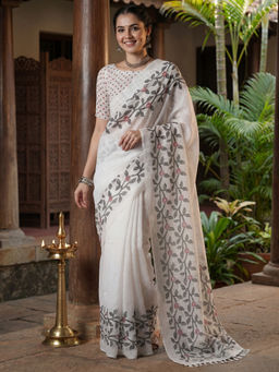 Akhilam - Women White Cotton Slub Floral Saree with Unstitched Blouse