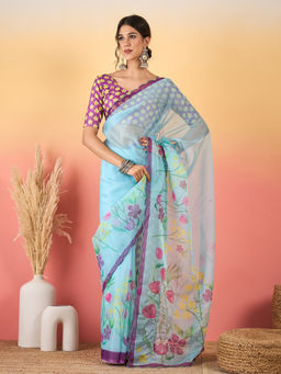Akhilam - Women Blue Organza Floral Saree with Unstitched Blouse