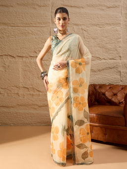 Akhilam - Women Cream Organza Floral Saree with Unstitched Blouse