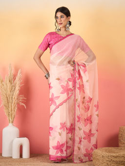 Akhilam - Women Pink Organza Floral Saree with Unstitched Blouse