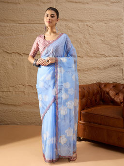 Akhilam - Women Blue Organza Floral Saree with Unstitched Blouse
