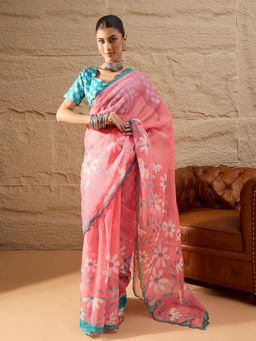 Akhilam - Women Pink Organza Floral Saree with Unstitched Blouse