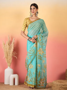 Akhilam - Women Turquoise Organza Floral Saree with Unstitched Blouse