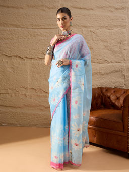 Akhilam - Women Blue Organza Floral Saree with Unstitched Blouse