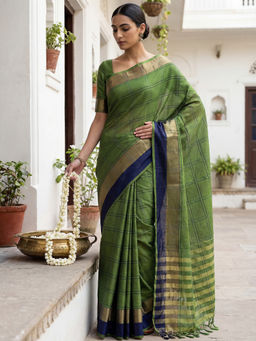 Sareemall - Women Cotton Blend Green Woven Saree With Unstitched Blouse