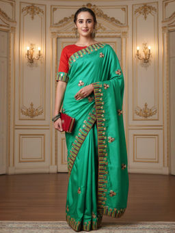 Akhilam - Women Teal Silk Blend Embroidered Saree with Unstitched Blouse