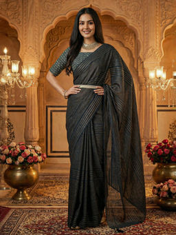 Akhilam - Women Teal Georgette Stripes Saree with Unstitched Blouse