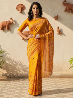 Akhilam - Women Mustard Silk Geometric Saree with Unstitched Blouse