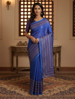 Akhilam - Women Blue Silk Geometric Saree with Unstitched Blouse