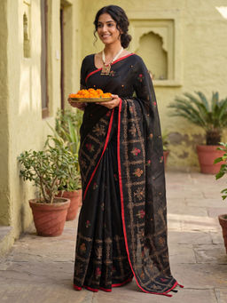 Akhilam - Women Black Silk Geometric Saree with Unstitched Blouse
