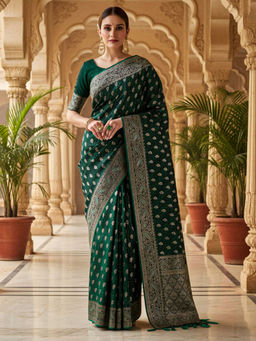Akhilam - Women Green Satin Woven Saree with Unstitched Blouse