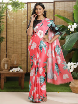 Akhilam - Women Coral Crepe Floral Saree with Unstitched Blouse