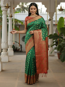 Akhilam - Women Green Silk Blend Woven Saree with Unstitched Blouse