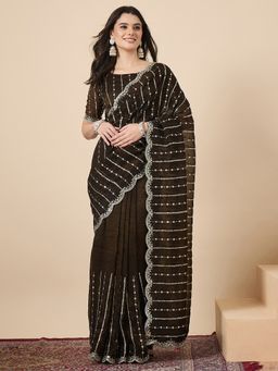 Sareemall - Olive Chiffon Embellished Saree With Unstitched Blouse