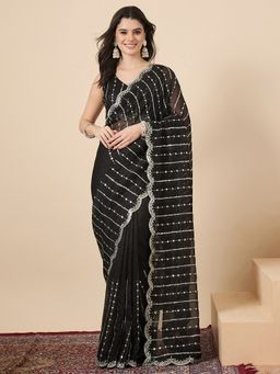 Sareemall - Black Chiffon Embellished Saree With Unstitched Blouse