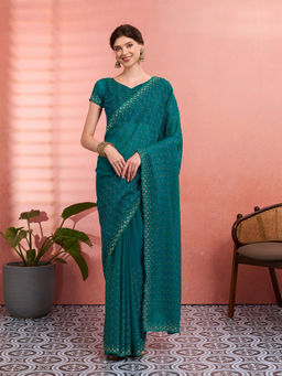 Akhilam - Women Teal Tissue Embroidered Saree with Unstitched Blouse
