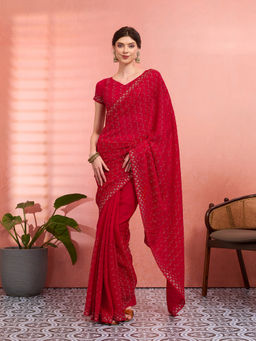 Akhilam - Women Red Tissue Embroidered Saree with Unstitched Blouse