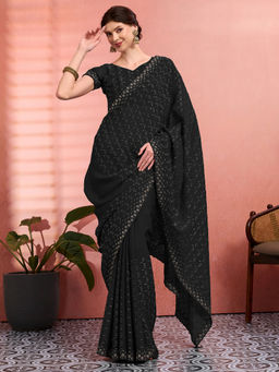 Akhilam - Women Black Tissue Embroidered Saree with Unstitched Blouse