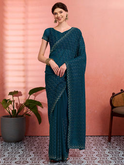 Akhilam - Women Teal Tissue Embroidered Saree with Unstitched Blouse