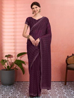 Akhilam - Women Wine Tissue Embroidered Saree with Unstitched Blouse