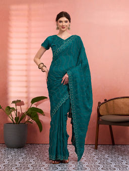 Akhilam - Women Teal Tissue Embroidered Saree with Unstitched Blouse
