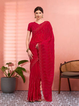 Akhilam - Women Red Tissue Embroidered Saree with Unstitched Blouse