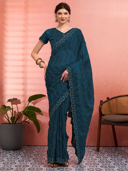 Akhilam - Women Teal Tissue Embroidered Saree with Unstitched Blouse