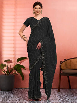 Akhilam - Women Black Tissue Embroidered Saree with Unstitched Blouse