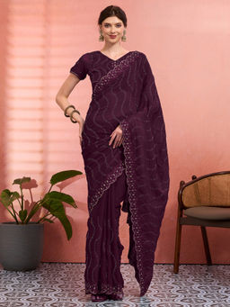 Akhilam - Women Wine Tissue Embroidered Saree with Unstitched Blouse