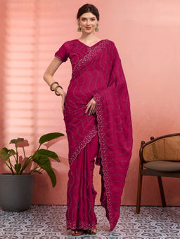 Akhilam - Women Pink Tissue Embroidered Saree with Unstitched Blouse