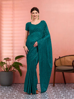 Akhilam - Women Teal Tissue Embroidered Saree with Unstitched Blouse