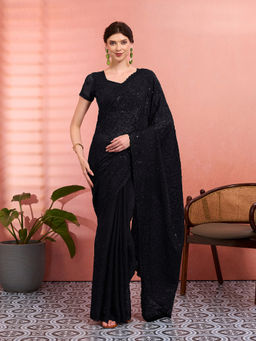 Akhilam - Women Black Tissue Embroidered Saree with Unstitched Blouse