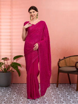 Akhilam - Women Pink Tissue Embroidered Saree with Unstitched Blouse