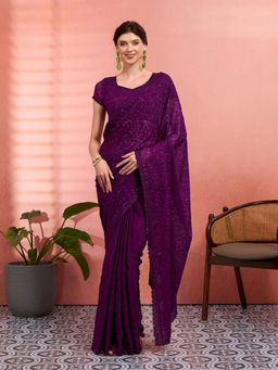 Akhilam - Women Purple Tissue Embroidered Saree with Unstitched Blouse