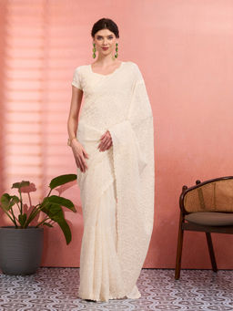 Akhilam - Women Off White Tissue Embroidered Saree with Unstitched Blouse