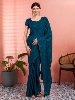 Akhilam - Women Teal Tissue Embroidered Saree with Unstitched Blouse