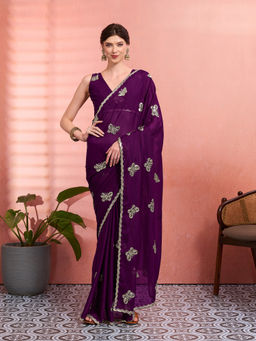 Akhilam - Women Purple Georgette Embellished Saree with Unstitched Blouse