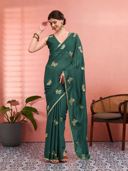 Akhilam - Women Green Georgette Embellished Saree with Unstitched Blouse
