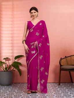 Akhilam - Women Pink Georgette Embellished Saree with Unstitched Blouse