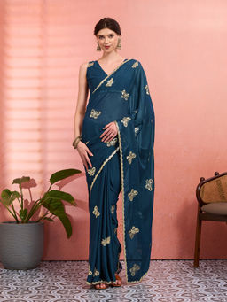 Akhilam - Women Teal Georgette Embellished Saree with Unstitched Blouse