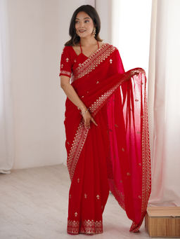 Akhilam - Women Red Satin Embroidered Saree with Unstitched Blouse