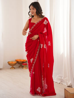 Akhilam - Women Red Tissue Embellished Saree with Unstitched Blouse