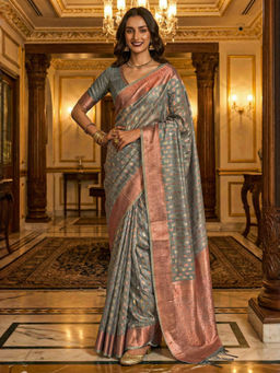 Akhilam - Women Grey Tissue Woven Saree with Unstitched Blouse