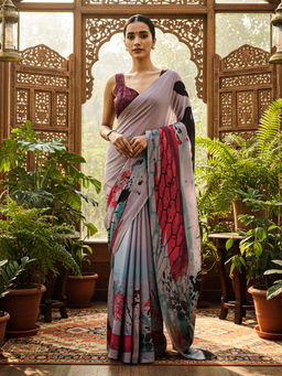 Akhilam - Women Grey Crepe Abstract Saree with Unstitched Blouse