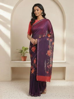 Akhilam - Women Purple Cotton Blend Floral Saree with Unstitched Blouse