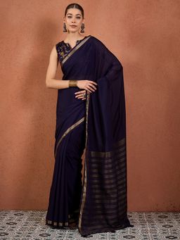 Sareemall - Navy Blue Silk Woven Tassels Saree With Unstitched Blouse