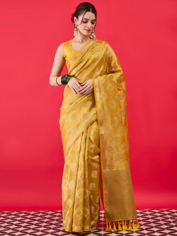 Sareemall - Yellow Woven Tassels Saree With Unstitched Blouse