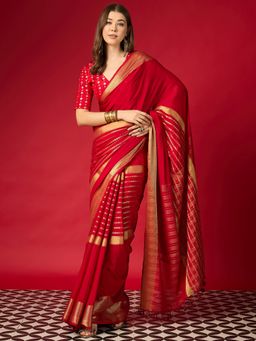 Sareemall - Red Silk Woven Zari Saree With Unstitched Blouse