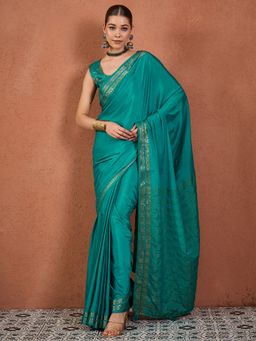 Sareemall - Turquoise Silk Woven Tassels Saree With Unstitched Blouse