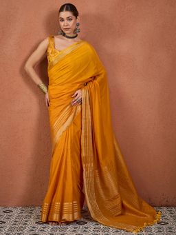 Sareemall - Mustard Silk Woven Tassels Saree With Unstitched Blouse